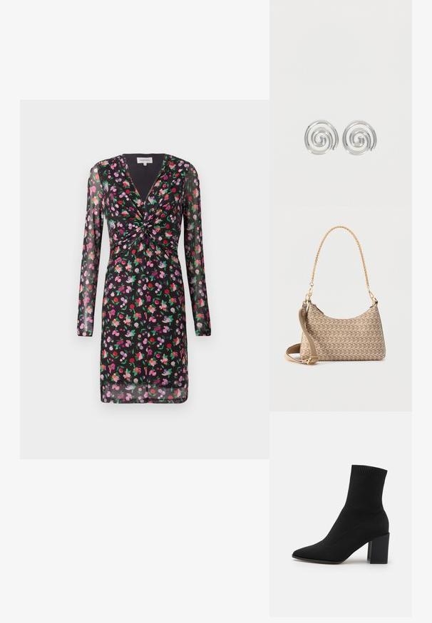 Schwarzes Kleid mit durchsichtigen langen Ärmeln, floralen Motiven in Rot, Pink und Lila, mit einem verdrehten Vorderteil und V-Ausschnitt.; Schwarze Knöchelliefe aus Stretchstoff, mit spitzem Zehenbereich und blockförmigem Absatz, mit gerilltem Besatz am oberen Rand.; Beige Umhängetasche mit geometrischem Muster, goldener Kettenhalterung und abnehmbarem beigen Stoffriemen, vor einem weißen Hintergrund.; Paar silberne Spiral-Creolen mit glattem, rundem Design auf einfachem weißem Hintergrund.