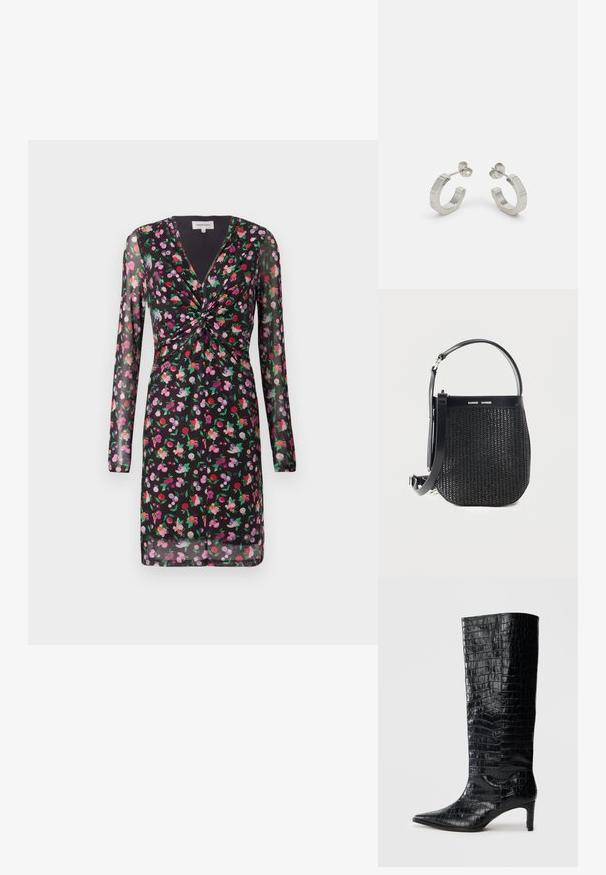 Schwarzes Kleid mit durchsichtigen langen Ärmeln, floralen Motiven in Rot, Pink und Lila, mit einem verdrehten Vorderteil und V-Ausschnitt.; Schwarze kniehohe Stiefel mit glänzender, krokodilgeprägter Textur, spitzer Zehenpartie und schmalem Absatz. Glattes synthetisches Material.; Schwarze gewebte Handtasche mit abgerundetem Boden, Lederbesatz, verstellbarem Schulterriemen und Samsøe Samsøe Markenlogo am oberen Band.; Silberne Metall-Hoops mit strukturiertem Design, ausgestattet mit einem kleinen Steckverschluss und Branding an einem Hoop. Abgerundete Form mit glänzender Oberfläche.
