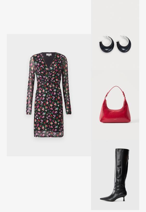Schwarzes Kleid mit durchsichtigen langen Ärmeln, floralen Motiven in Rot, Pink und Lila, mit einem verdrehten Vorderteil und V-Ausschnitt.; Schwarze Lederstiefel bis zum Knie mit spitzem Zehenbereich und schmalem, geschwungenem Absatz. Glatte Textur, enganliegendes Design und keine sichtbaren Beschläge oder Muster.; Rote Lederschultertasche mit goldenem Reißverschluss und verstellbarem Schulterriemen, Calvin Klein Logo mittig vorne.; Schwarze Harz-Hoops mit glänzender Oberfläche und silberfarbenen Hardware-Details. Zirkulare Form mit Ausschnitt und Post-Back-Verschluss.