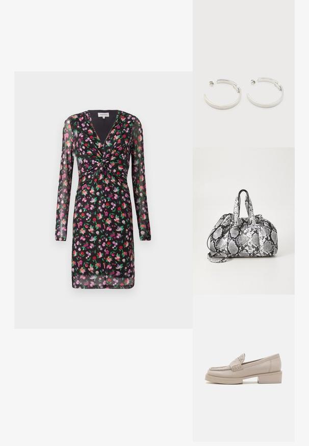 Schwarzes Kleid mit durchsichtigen langen Ärmeln, floralen Motiven in Rot, Pink und Lila, mit einem verdrehten Vorderteil und V-Ausschnitt.; Beige Lederloafers mit einem Blockabsatz, die mit dekorativer Naht und Nieten auf dem Vorderblatt versehen sind und eine glatte Textur sowie ein klassisches Design bieten.; Schwarz-weiße Handtasche im Schlangenhautmuster mit zwei Griffen, einem Kordelzugverschluss und einem abnehmbaren Schultergurt. Glatte Textur.; Ohrstecker in Silberoptik, halbkreisförmig mit geriffelter Textur und Steckverschlüssen, auf weißem Hintergrund.