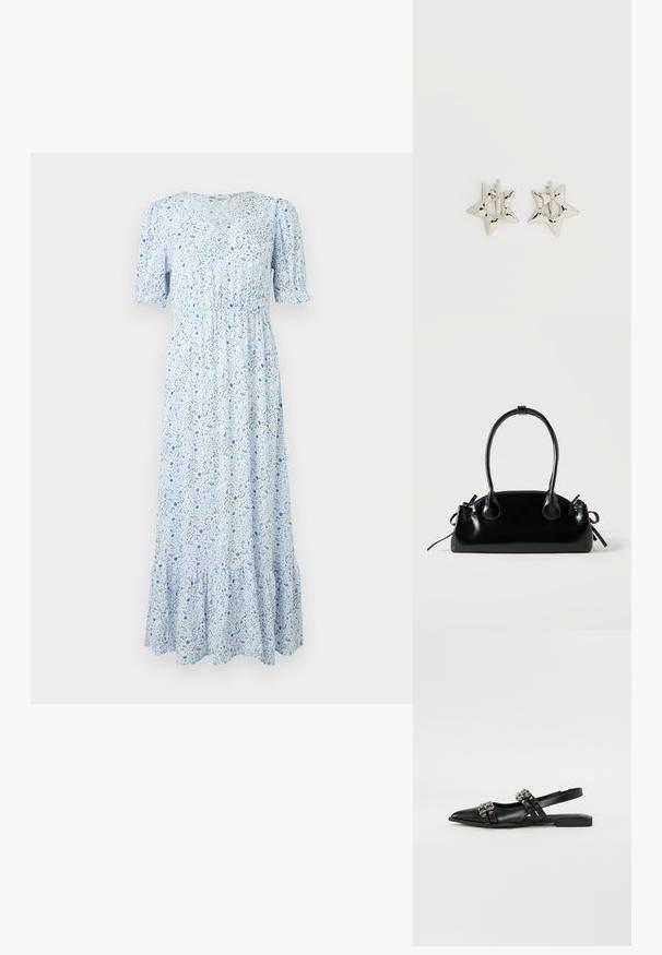 Robe midi bleu clair avec manches courtes bouffantes, décolleté en V, taille froncée, petit imprimé floral et ourlet à volants.; Even&Odd Ballerines à brides arrière - black; Petit sac à main noir brillant avec deux longues anses et des détails à cordon sur les côtés sur un fond clair uni.; Boucles d’oreilles créoles en forme d’étoile argentée avec une finition lisse et polie sur un fond blanc uni.