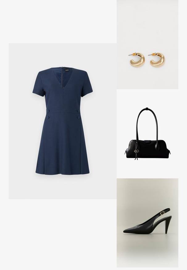 Robe bleu marine avec un décolleté en V, des manches courtes et une jupe évasée. Elle dispose d'une fermeture éclair dans le dos, de deux boutons décoratifs à la taille et d'une texture lisse.; Escarpin à bride arrière en cuir noir avec bout pointu, boucle dorée et talon effilé sur un fond neutre.; Sac à main en cuir noir Calvin Klein avec de longues anses, une étiquette logo à l'avant et un charme géométrique argenté suspendu à une anse.; Deux boucles d'oreilles en forme de cerceau en or brillant, avec un design courbé, présentant des accents orange près de la tige, sur fond blanc uni.