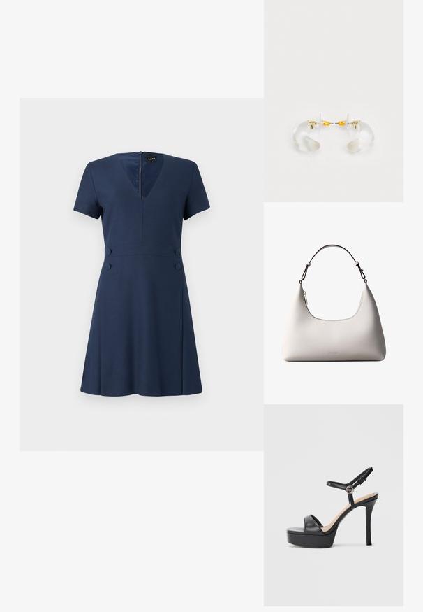 Robe bleu marine avec un décolleté en V, des manches courtes et une jupe évasée. Elle dispose d'une fermeture éclair dans le dos, de deux boutons décoratifs à la taille et d'une texture lisse.; Sandales à plateforme noires avec un talon haut stilettos, dotées d'une tige en cuir lisse, d'un bout ouvert et d'une bride de cheville ajustable avec ferrures.; Sac à bandoulière en cuir couleur crème de Calvin Klein avec bord supérieur incurvé, fermeture éclair argentée et sangle ajustable brun foncé.; Boucles d'oreilles en acrylique transparent avec accents dorés, présentant un design incurvé et un fermoir transparent. Texture lisse, style minimaliste.