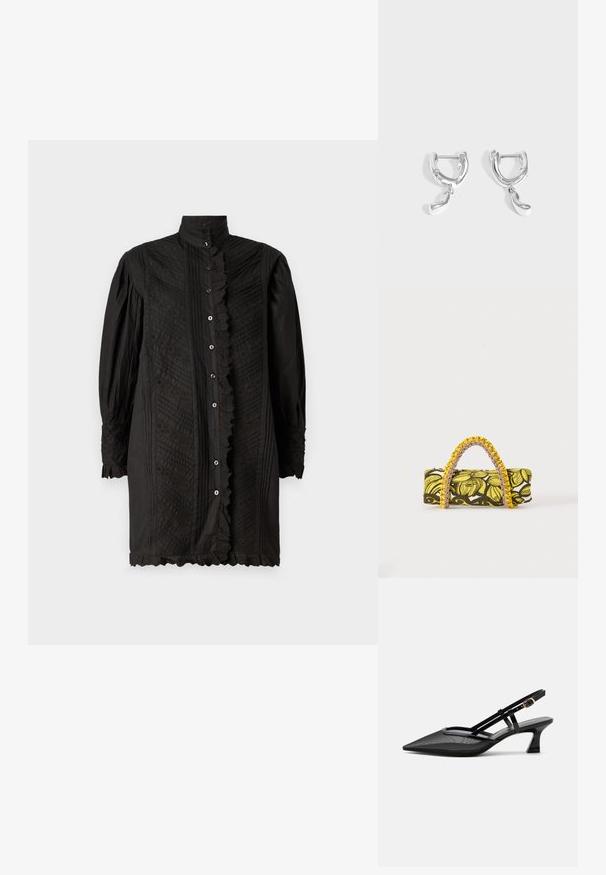 Čierna, dlhá košeľa s vysokým golierom, textured tkanina, zložitými vzormi, gombíkovým zapínaním a volánikmi na manžetách a leme.; Čierna slingback obuv so špičatou špičkou, sieťovinovým zvrškom, tenkými remienkami, zlatou prackou a nízkym zahnutým podpätkom na bielom pozadí.; Obdĺžna taška so žltým a čiernym kvetinovým vzorom a pletenou žlto-ružovou rukoväťou na bielom pozadí.; Pár leštených strieborných náušníc v tvare kruhu s malými nepravidelnými príveskami v tvare kvapiek visiaci z každého kruhu na jednoduchom sivom pozadí.