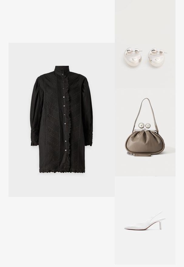 Sort langærmet skjorte med høj krave, struktureret stof, indviklede mønstre, knappet front og flæsekanter på ærmerne og kanten.; Hvid læder slingback damesko med spids tå, lav kittenhæl og lille dekorativ sløjfe på toppen, vist i sideprofil.; Grå læderhåndtaske med rundet form, toplås med to store sølvkugler og en enkelt strop.; Par af skinnende sølv store øreringe med lukning på bagsiden mod en ensfarvet hvid baggrund.