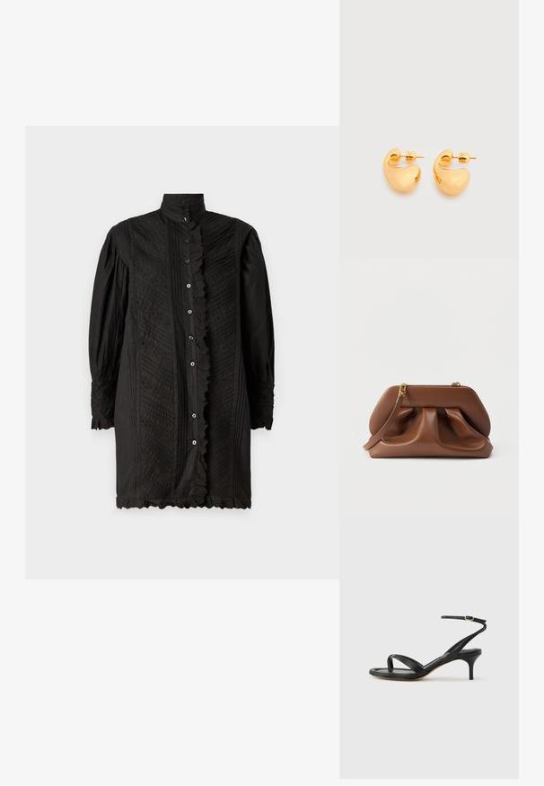 Camisa negra de manga larga con cuello alto, tejido texturizado, patrones intrincados, delante abotonado y con bordes rizados en los puños y el dobladillo.; Sandalia negra de cuero para mujer con tiras finas, un lazo para el dedo del pie, hebilla en el tobillo y tacón de aguja de altura media sobre un fondo neutro.; Bolso de mano de cuero marrón con diseño fruncido, herrajes de tono dorado y correa de muñeca desmontable sobre un fondo blanco.; Par de pequeños pendientes de botón de tono dorado, robustos, con formas abstractas suaves y curvas sobre un fondo claro.