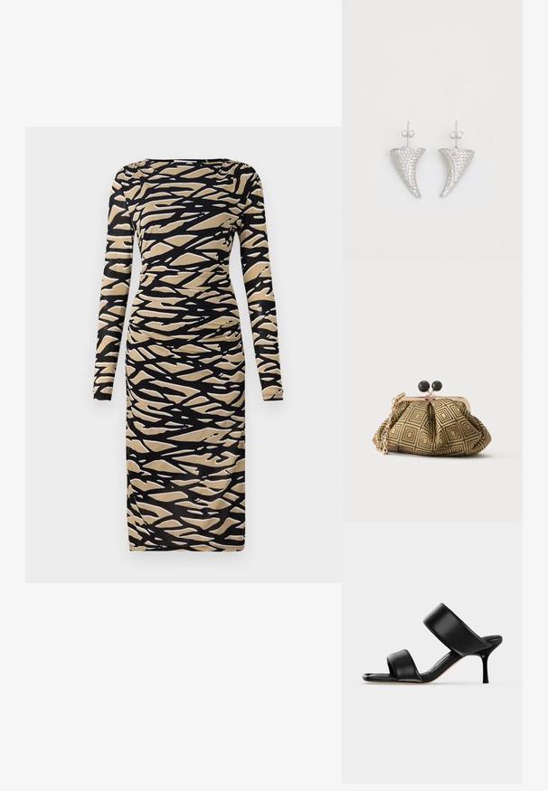 Langärmliges Kleid in Schwarz und Beige mit abstraktem Wellenmuster. Hergestellt aus dehnbarem Stoff, mit einer taillierten Silhouette und Rundhalsausschnitt.; Schwarze Leder-Mule-Sandale mit zwei breiten Riemen und einem schlanken, mittelhohen Stilettoabsatz auf einem schlichten hellen Hintergrund.; Kleine Clutch mit goldenem und schwarzem geometrischem Muster, goldfarbenem Metallrahmen, schwarzem Kugelverschluss und kurzem goldfarbenem Kettenriemen.; Silberne, hornförmige Ohrringe, besetzt mit kleinen klaren Steinen, mit einem Steckverschluss zur Befestigung. Glatte Textur und metallisches Finish.