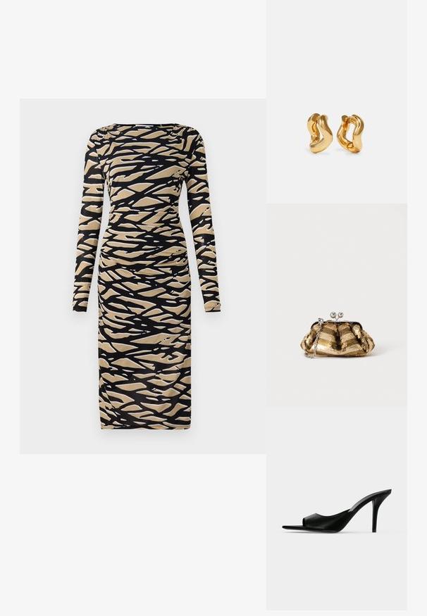 Langärmliges Kleid in Schwarz und Beige mit abstraktem Wellenmuster. Hergestellt aus dehnbarem Stoff, mit einer taillierten Silhouette und Rundhalsausschnitt.; Schwarzer Leder-Pantolette mit offenem Zehenbereich und hohem, schlankem Stiletto-Absatz, im Seitenprofil vor neutralem Hintergrund gezeigt.; Kleine goldene Pailletten-Clutch mit silbernem Verschluss und kurzem silbernem Kettenhenkel auf einfarbig hellem Hintergrund.; Goldfarbene Creolen mit wellenförmigem Design, das eine glatte, glänzende Oberfläche und eine stromlinienförmige Form aufweist. Keine sichtbaren Verschlüsse.