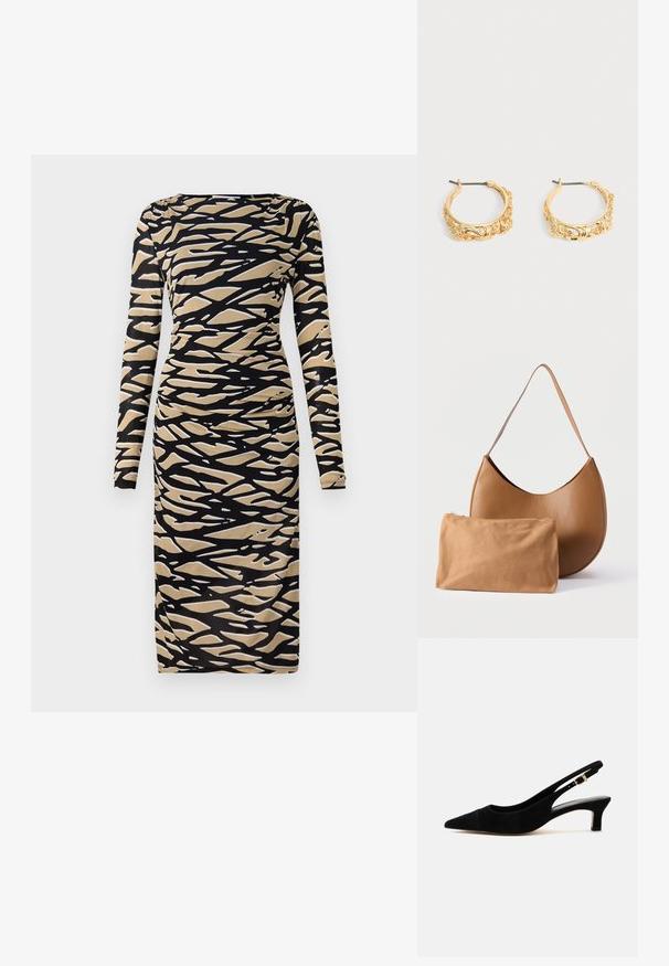 Langærmet kjole i sort og tan med et abstrakt bølgemønster. Lavet af strækbart stof, med en tætsiddende silhuet og scoop-udskæring.; Sort ruskind slingback-pumps med spids tå, 5 cm kitten hæl og guldbeslag på den justerbare hælrem.; Brun læder skuldertaske i halvmåneform med en matchende tan lynlåspung foran, begge vist mod en hvid baggrund.; Par af øreringe i guldfarve med udsmykket blomster- og bladprægning på en neutral baggrund.