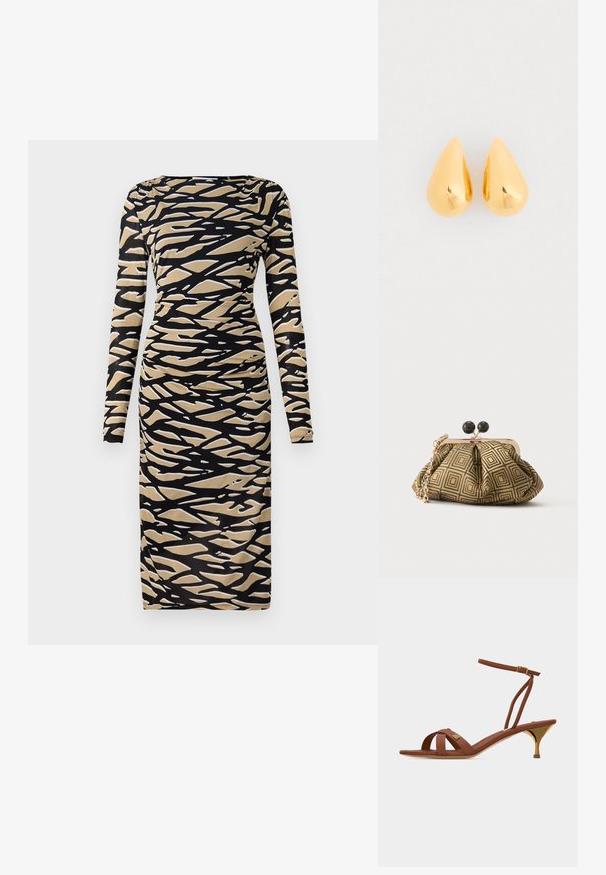 Langärmliges Kleid in Schwarz und Beige mit abstraktem Wellenmuster. Hergestellt aus dehnbarem Stoff, mit einer taillierten Silhouette und Rundhalsausschnitt.; Braune Ledersandale mit Riemchen, kleinem goldfarbenem Kitten-Heel, Knöchelriemen mit Schnalle und kleinem goldfarbenem Logo-Detail an den vorderen Riemchen.; Kleine Clutch mit goldenem und schwarzem geometrischem Muster, goldfarbenem Metallrahmen, schwarzem Kugelverschluss und kurzem goldfarbenem Kettenriemen.; Goldene Tropfenohrringe mit einer glatten, polierten Oberfläche und gerundeten Unterseiten, die das Licht mit einem glänzenden Finish reflektieren.