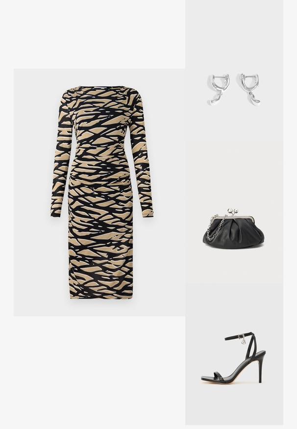 Langärmliges Kleid in Schwarz und Beige mit abstraktem Wellenmuster. Hergestellt aus dehnbarem Stoff, mit einer taillierten Silhouette und Rundhalsausschnitt.; Schwarze High-Heel-Sandale mit schmalem Knöchelriemen, quadratischer Zehenbox, glattem Leder und metallischem Schnallenakzent.; Schwarze Leder-Clutch mit geraffter Textur, silberfarbener Metallrahmen, Druckverschluss und Kettenriemen. Glatte, weiche Oberfläche.; Paar polierte silberne Creolen mit kleinen unregelmäßigen tropfenförmigen Anhängern, die von jedem Creolen an einem schlichten grauen Hintergrund hängen.