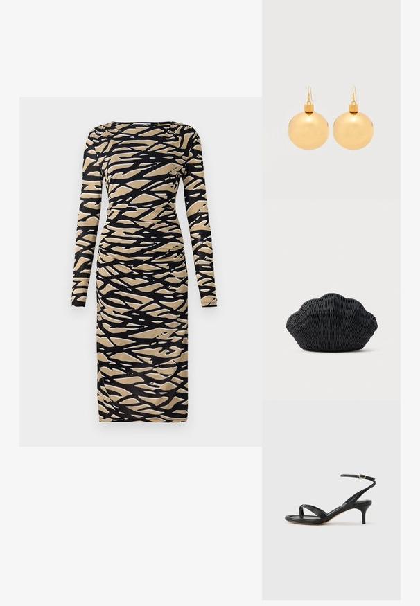 Langsleeve jurk in zwart en bruin met een abstract golvenpatroon. Gemaakt van rekbare stof, met een getailleerde silhouet en een ronde halslijn.; Zwarte leren dames sandaal met dunne bandjes, een teengreep, een enkelgesp en een stilettohak van gemiddelde hoogte op een neutrale achtergrond.; Zwarte gevlochten handtas in de vorm van een sint-jakobsschelp met een gebogen bovenkant en een geweven textuur op een effen achtergrond.; Een paar glanzende gouden kerstbal-oorbellen met haaksluitingen op een effen witte achtergrond.