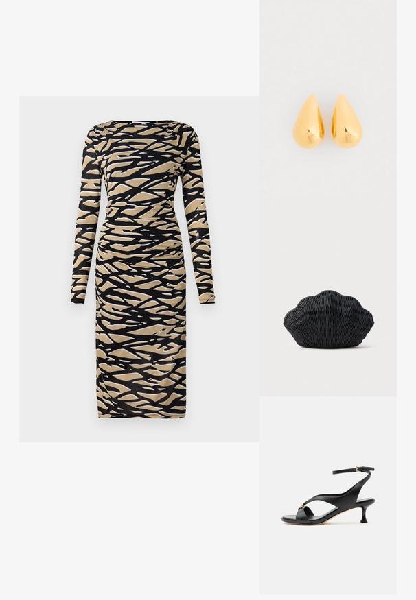 Langärmliges Kleid in Schwarz und Beige mit abstraktem Wellenmuster. Hergestellt aus dehnbarem Stoff, mit einer taillierten Silhouette und Rundhalsausschnitt.; Schwarze Ledersandale für Damen mit geschwungenem Kitten-Heel, gekreuzten Riemen und verstellbarem Knöchelriemen mit kleiner goldener Schnalle.; Schwarze Korbtasche in Muschelform mit gebogenem Oberteil und gewebter Textur auf einfarbigem Hintergrund.; Goldene Tropfenohrringe mit einer glatten, polierten Oberfläche und gerundeten Unterseiten, die das Licht mit einem glänzenden Finish reflektieren.