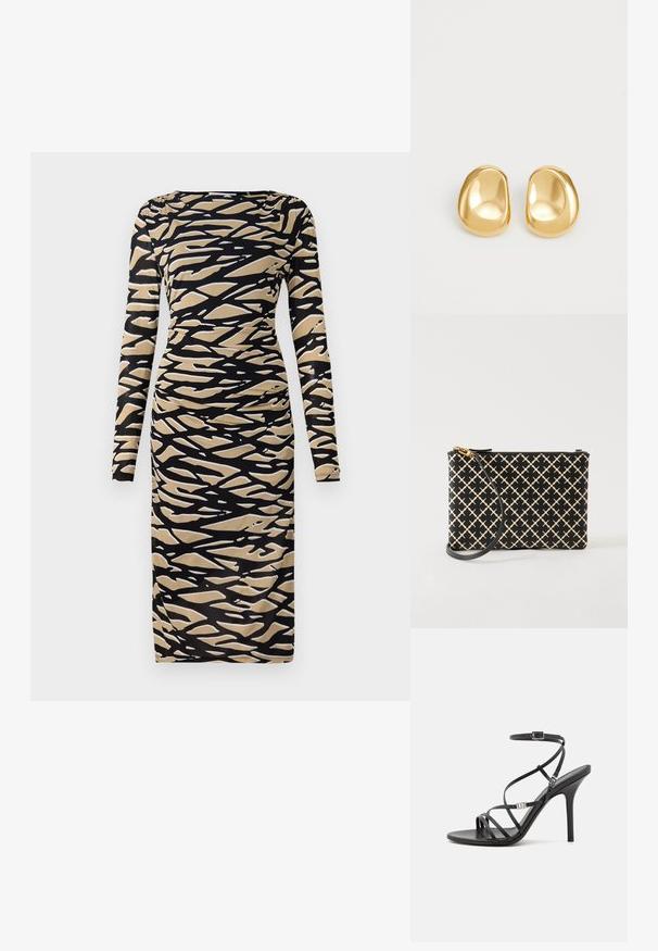 Langärmliges Kleid in Schwarz und Beige mit abstraktem Wellenmuster. Hergestellt aus dehnbarem Stoff, mit einer taillierten Silhouette und Rundhalsausschnitt.; Schwarze High-Heel-Sandale mit dünnen Riemen, einem Knöchelverschluss, einer glatten Lederoberfläche und einem schlanken Stiletto-Absatz.; Schwarze und beige gemusterte Wristlet-Clutch mit goldenem Reißverschluss und abnehmbarem schwarzen Riemen, dargestellt auf weißem Hintergrund.; Goldfarbene Ohrstecker mit einer glatten, runden Form und einer reflektierenden Oberfläche, die ein minimalistisches Design ohne sichtbare Muster zeigen.