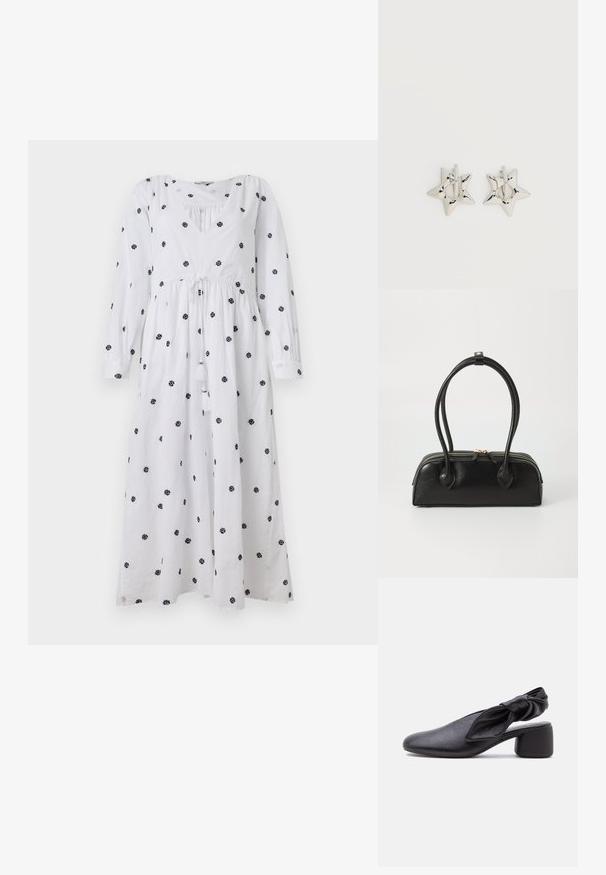 Weißes Kleid mit langen Ärmeln und V-Ausschnitt. Mit schwarzem floralem Stickerei und einem Kordelzug in der Taille mit Quasten. Weicher, leichter Stoff.; Schwarzer Leder-Slingback-Schuh mit abgerundeter Spitze, einem geknoteten Riemendetail und niedrigem Blockabsatz auf weißem Hintergrund.; Schwarze Lederhandtasche mit zwei verlängerten Griffen, Reißverschluss und runder Form; glatte Textur mit subtiler glänzender Oberfläche.; Silberne, sternförmige Creolen mit einer glatten, polierten Oberfläche auf weißem, schlichtem Hintergrund.