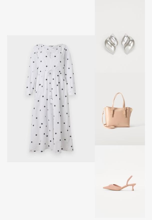 Witte jurk met lange mouwen en een V-hals. Bevat zwarte bloemenborduursels en een trekkoord in de taille met franje. Zacht, lichtgewicht stof.; Roze slingback schoen met een spitse neus, minimalistisch ontwerp, kleine hak en een decoratieve strik aan de voorkant. Gemaakt van soepel materiaal.; Beige leren tote tas met dubbele handvatten, afneembare schouderriem en goudkleurige gespsdetails op een effen lichte achtergrond.; Zilveren oorbellen met een organische, abstracte vorm. Gladde, glanzende oppervlakte met een taps toelopend ontwerp. Beschikken over subtiele rondingen en een centrale lijn detail.