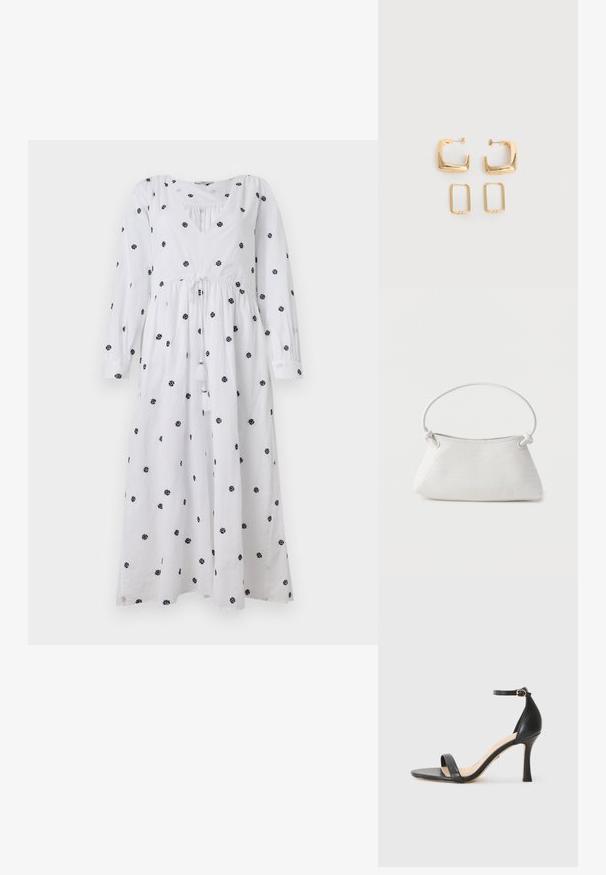Weißes Kleid mit langen Ärmeln und V-Ausschnitt. Mit schwarzem floralem Stickerei und einem Kordelzug in der Taille mit Quasten. Weicher, leichter Stoff.; Schwarze Leder-High-Heel-Sandale mit dünnem Knöchelriemen, offener Zehenpartie und einem eleganten, geschwungenen Absatz. Strukturiertes Sohlenprofil und minimalistisches Design.; Weiße gewebte Lederhandtasche mit abgerundetem Griff und verknoteten Riemenenden, vor schlichtem Hintergrund präsentiert.; Zwei Paare goldfarbener geometrischer Creolen auf einer schlichten weißen Oberfläche, ein Paar quadratisch und massiv, ein Paar rechteckig und hohl.