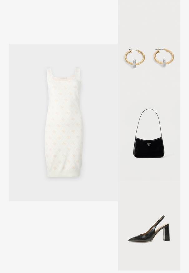 Gebreide jurk in crèmekleur met een subtiel bloemmotief. Heeft een aansluitend design, vierkante halslijn en geribbelde zoom. Zachte textuur voor comfort.; Zwarte leren slingback schoen met spits toelopend neusje, hoge blokhak en beige binnenvoering tegen een effen lichte achtergrond.; Zwarte schoudertas van lakleer met een smalle band, driehoekig Guess-logo aan de voorkant en een ritssluiting bovenaan.; Paar goudkleurige creolen met kleine zilverkleurige lusdetail op elk, weergegeven tegen een lichtgrijze achtergrond.