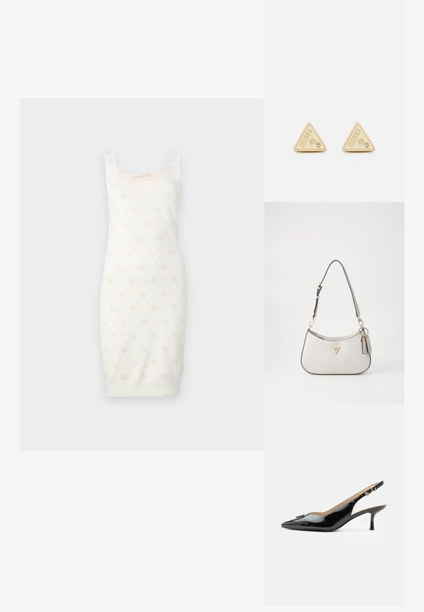 Strickkleid in Creme mit einem subtilen floralen Muster. Es hat ein tailliertes Design, einen quadratischen Ausschnitt und einen gerippten Saum. Weiche Textur für ein angenehmes Tragegefühl.; Schwarzer Pumps mit Riemchen aus Lackleder, spitz zulaufender Zehenpartie, kleinem Kitten-Heel und silberner Schnalle auf weißem Hintergrund.; Weiße strukturierte Handtasche mit einer geschwungenen Form, goldenen Beschlägen, einem abnehmbaren Riemen und einem Logo-Detail. Enthält einen Schlüsselanhänger mit Branding.; Guess PARTY - Ohrringe - gold-coloured