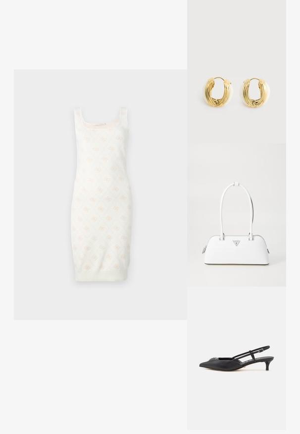 Gebreide jurk in crèmekleur met een subtiel bloemmotief. Heeft een aansluitend design, vierkante halslijn en geribbelde zoom. Zachte textuur voor comfort.; Zwarte slingback schoenen met een puntige neus, gemaakt van glad materiaal, met een kleine hak en een decoratieve zilverkleurige accent op de wreef.; Witte leren handtas met een gebogen vorm, voorzien van een zilveren driehoekig logo en ritssluiting. Gladde textuur en dubbele handvaten.; Oorbellen met goudkleurige oorringen met een gebogen, geribbeld metalen ontwerp en een witte resin-achterkant, naast elkaar weergegeven op een neutrale achtergrond.