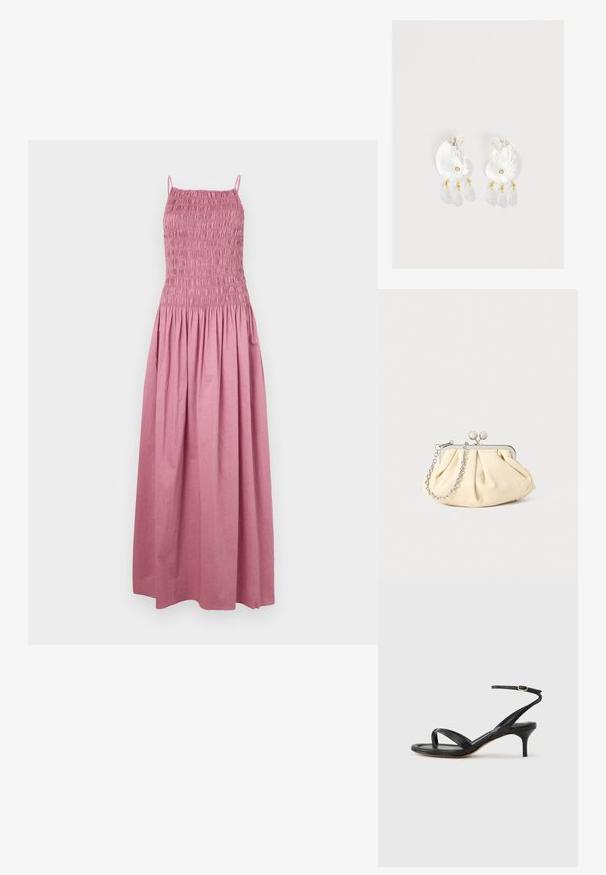 Robe maxi en rose pâle, avec un corsage smocké, de fines bretelles et une jupe fluide avec une taille froncée. Fabriquée en tissu léger.; Sandale pour femme en cuir noir avec fines lanières, une boucle d'orteil, une boucle à la cheville et un talon aiguille de hauteur moyenne sur un fond neutre.; Pochette en cuir beige plissé avec un cadre en métal argenté, dotée de deux fermoirs ronds décoratifs et d'une chaîne en argent.; Boucles d'oreilles en résine transparente en forme de coquillage avec de petits accents dorés et trois breloques translucides en forme de goutte pendantes sur chaque boucle d'oreille.