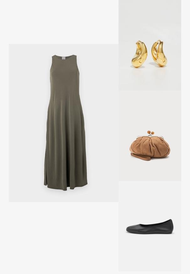Vestido maxi sin mangas en verde oliva con un corte relajado, aberturas laterales y un brillo sutil. Fabricado con una tela suave y lisa.; Bailarina de piel negra con punta redondeada, textura suave, detalle de costura minimalista y diseño de suela flexible.; Pequeño bolso de mano marrón suave de ante con tela fruncida, cierre metálico, detalles de cuentas de madera y correa para la muñeca sobre fondo blanco.; Pendientes de aro de oro con forma curva y suave, y acabado pulido. Presentan un mecanismo de cierre y ligeras indentaciones para un toque de detalle.