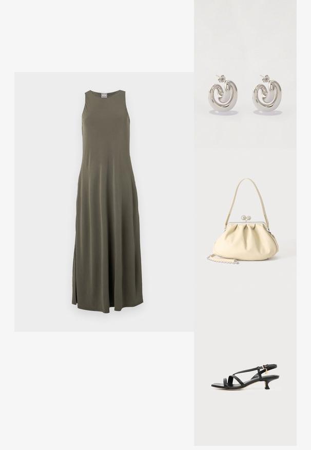 Vestido maxi sin mangas en verde oliva con un corte relajado, aberturas laterales y un brillo sutil. Fabricado con una tela suave y lisa.; Sandalia negra de cuero con tiras, tacón bajo de tipo kitten, hebilla en el tobillo y pequeño charm dorado sobre un fondo claro y liso.; Bolso de mano de piel suave color crema con diseño fruncido, cierre de marco plateado, asa corta y una correa de cadena desmontable.; Pendientes de metal plata con un diseño en espiral, que presentan superficies lisas y un acabado pulido, asegurados con un cierre de mariposa.