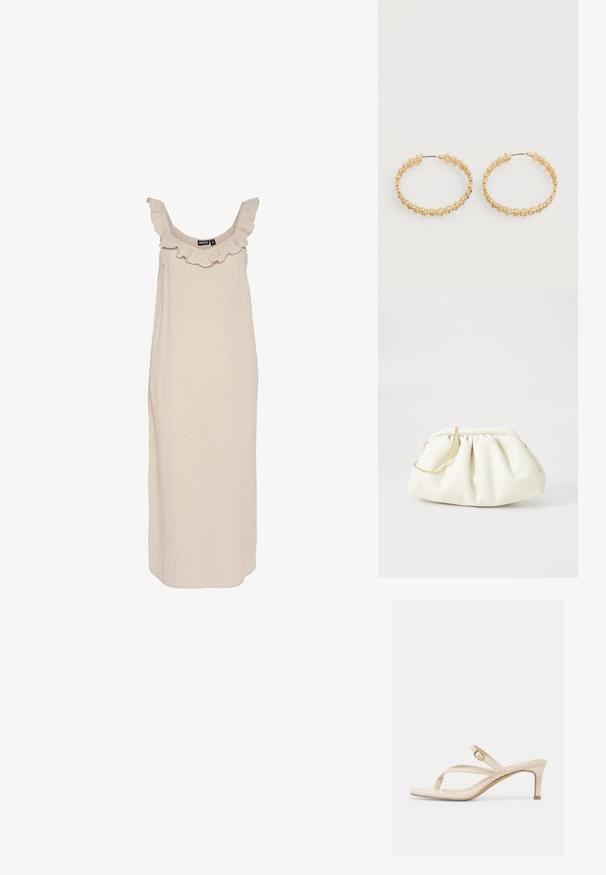 Robe sans manches de couleur beige clair avec un col volanté, faite de tissu texturé, présentant une coupe décontractée et une silhouette droite.; Sandale à talon beige avec une boucle d'orteil, des lanières fines, une boucle dorée réglable et un petit talon kitten, sur fond blanc.; Sac à main en cuir blanc avec un design plissé, doté d'une bandoulière en chaîne dorée et d'une forme arrondie. Texture lisse avec des plis doux et sans motifs.; Boucles d'oreilles créoles en or avec un design texturé orné de petites perles rondes sur le bord extérieur. Légères avec une fermeture sécurisée.