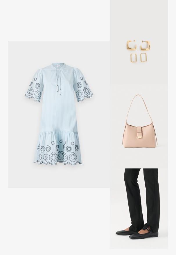 Robe en coton bleu clair avec de courtes manches bouffantes, ornée de broderies florales noires sur les manches et l'ourlet, et dotée d'un décolleté à cordon.; Jambes vêtues d’un pantalon slim noir avec des fentes à l’avant de l’ourlet, assorties à des chaussures plates Mary Jane noires avec une petite bride à boucle.; Sac à main rose clair avec une forme incurvée, fabriqué en matériau texturé. Doté d'une sangle plate et d'un détail de fermeture à rabat dorée sur le devant.; Deux paires de Boucles d'oreilles créoles géométriques dorées sur une surface blanche unie, une paire carrée et pleine, une paire rectangulaire et creuse.