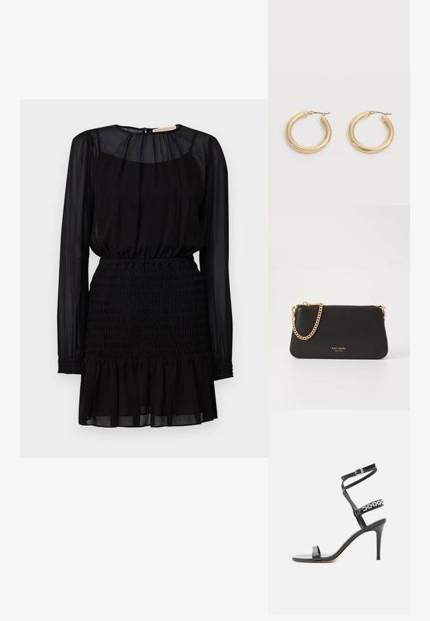 Vestido negro con largas mangas transparentes, cintura fruncida y un dobladillo de volantes en capas. Hecho de tela ligera y fluida.; Sandalia negra de tacón alto con tira delgada en el tobillo, tira en la parte media del pie decorada con eslabones de cadena plateados y diseño de punta abierta.; Clutch de cuero negro con una correa de cadena dorada. Presenta un cierre con cremallera y el nombre de la marca en relieve en dorado en la parte frontal. Textura suave, forma rectangular.; Par de pendientes gruesos de aro dorados y brillantes con postes de metal sobre un fondo gris claro.