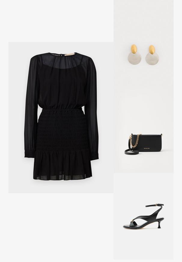 Vestido negro con largas mangas transparentes, cintura fruncida y un dobladillo de volantes en capas. Hecho de tela ligera y fluida.; Sandalia negra de cuero para mujer con tacón bajo curvado, tiras cruzadas y correa ajustable en el tobillo con pequeña hebilla dorada.; Clutch de cuero negro con un detalle en cadena dorada, textura suave y logotipo dorado. Incluye una correa ajustable para mayor versatilidad.; Pendientes de metal dorado y plateado con base de disco redondo y pieza superior ovalada, textura suave y acabado pulido.
