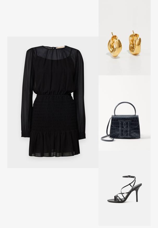 Vestido negro con largas mangas transparentes, cintura fruncida y un dobladillo de volantes en capas. Hecho de tela ligera y fluida.; Sándalo negro de tacón alto con tiras finas, hebilla en el tobillo, superficie de cuero suave y tacón de aguja esbelto.; Bolso de mano de cuero negro con estampado de cocodrilo, diseño estructurado, asa superior, correa ajustable y un destacado detalle del logotipo en la parte frontal.; Pendientes de aro grueso en oro con un diseño tubular ligeramente retorcido y cierre de presión, sobre un fondo blanco.