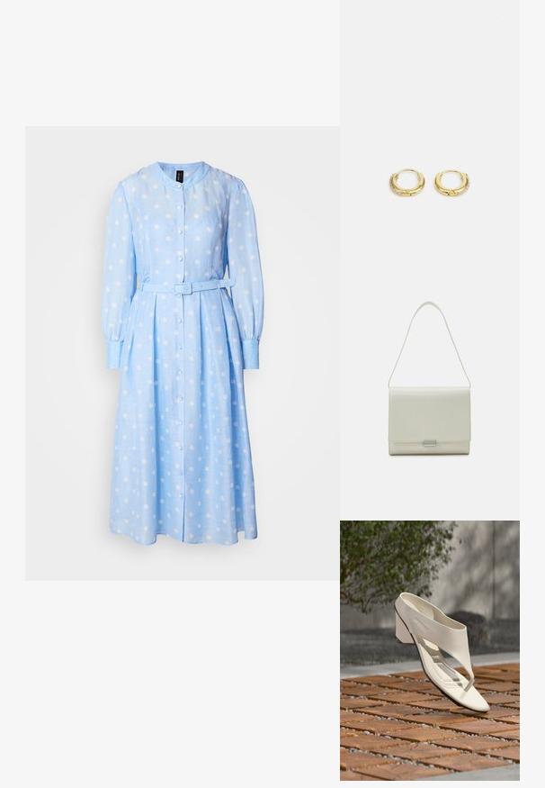Robe longue à manches longues bleu clair avec des pois blancs, avec un devant à boutons et une taille ceinturée. Présente un col rond et une jupe plissée.; Sandale à talon en cuir blanc avec une large bride et un entre-doigts, exposée en extérieur sur une surface carrelée en bois et en gravier avec de la verdure en arrière-plan.; Calvin Klein ARCHIVE SHOULDER BAG SHINY - Sac à main - ecru; Boucles d'oreilles en or en forme de créoles, présentant une finition lisse et brillante, avec une rangée de cristaux transparents le long d'un bord. Design petit et circulaire.