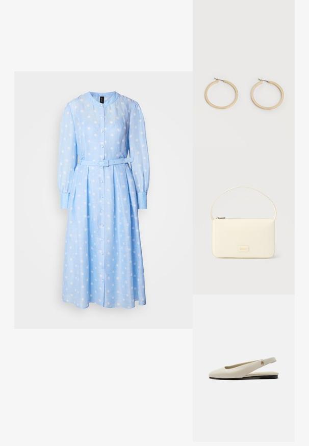 Robe longue à manches longues bleu clair avec des pois blancs, avec un devant à boutons et une taille ceinturée. Présente un col rond et une jupe plissée.; Chaussure plate slingback en cuir couleur crème avec un bout arrondi et un petit emblème doré sur la bride.; Sac à main rectangulaire de couleur crème avec une seule sangle et une fermeture éclair sur le dessus, comportant une petite plaque de logo embossé à l'avant.; Paire de boucles d'oreilles créoles moyennes lisses ton or avec fermoirs à charnière sur fond clair uni.