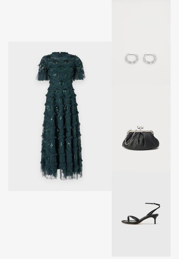 Robe vert foncé à manches courtes, ornée de volants superposés et de décorations florales en sequins. Mi-longue, en tissu doux avec un superposé transparent.; Sandale pour femme en cuir noir avec fines lanières, une boucle d'orteil, une boucle à la cheville et un talon aiguille de hauteur moyenne sur un fond neutre.; Porte-monnaie en cuir noir avec texture froncée, cadre en métal argenté, fermeture à verrouillage kiss-lock et bandoulière en chaîne. Surface lisse et douce.; Boucles d'oreilles en argent en forme de créoles avec des accents de perles et de cristaux, présentant une surface texturée et une fermeture à tige sécurisée.