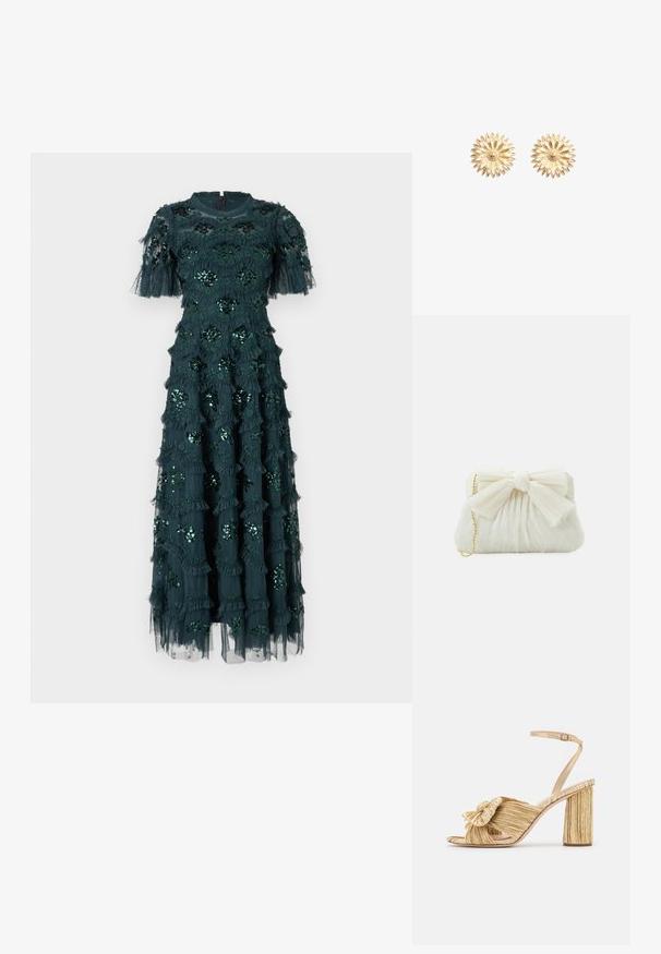Robe vert foncé à manches courtes, ornée de volants superposés et de décorations florales en sequins. Mi-longue, en tissu doux avec un superposé transparent.; Sandales dorées à talons avec un devant noué, texture plissée et une bride de cheville. Le talon carré a un design strié, améliorant l'adhérence.; Sac à main plissé blanc avec un nœud proéminent et une chaîne dorée. Texture douce avec un design froncé à l'avant.; Boucles d'oreilles en or avec un design de pétales texturés et superposés, et une perle centrale, sur fond blanc.