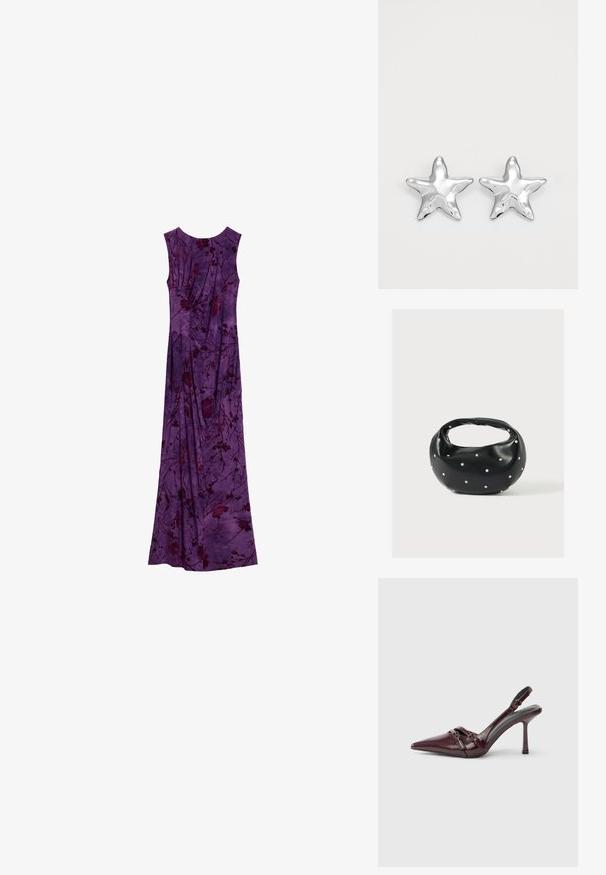 Vestido maxi morado sin mangas con patrones florales oscuros y detalles de tela fruncida, presentado plano sobre un fondo blanco.; Zapato de tacón slingback de charol burdeos con puntera puntiaguda, fina correa en el tobillo y pequeño detalle decorativo de hebilla. Textura suave y tacón alto.; Bolso de mano de cuero negro con forma redondeada, decorado con detalles de tachuelas plateadas y un asa corta. Textura lisa y cierre con cremallera.; Pendientes en forma de estrella plateada con una superficie pulida y brillante. Cada pendiente presenta cinco puntas y sutiles detalles de textura en la superficie.