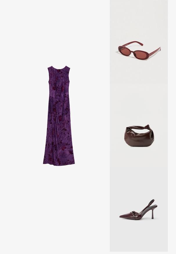 Vestido maxi morado sin mangas con patrones florales oscuros y detalles de tela fruncida, presentado plano sobre un fondo blanco.; Zapato de tacón slingback de charol burdeos con puntera puntiaguda, fina correa en el tobillo y pequeño detalle decorativo de hebilla. Textura suave y tacón alto.; Gafas de sol ovaladas rojas con lentes semitransparentes y una montura de plástico lisa. Las varillas son delgadas y cuentan con un logo blanco.; Bolso de hombro de cuero marrón oscuro con una forma suave y caída, y un asa con nudo torcido sobre un fondo blanco liso.