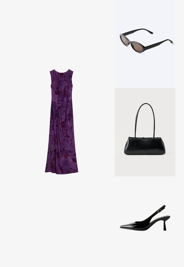 Mouwloze paarse maxijurk met donkere bloemenpatronen en geplooide stofdetails, plat uitgestald op een witte achtergrond.; Zwarte gepatineerde leren slingback pump met een spitse neus, uitsparingen aan de zijkanten, een verstelbare enkelband en een dunne, slanke hak.; Zwarte zonnebril met ovale montuur en donker getinte glazen, licht schuin getoond op een wit oppervlak.; Zwarte rechthoekige schoudertas met lange dunne banden en een gladde, glanzende textuur op een effen achtergrond.