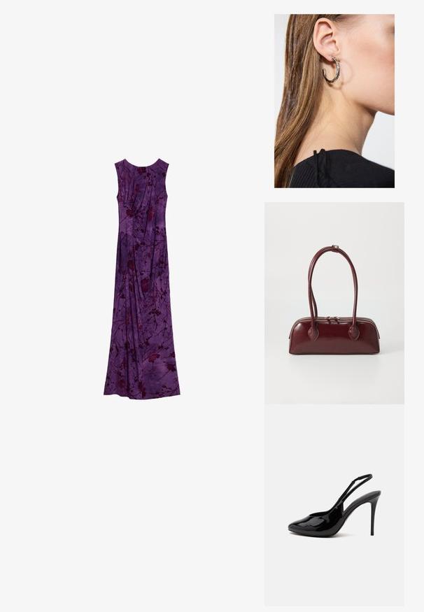 Mouwloze paarse maxijurk met donkere bloemenpatronen en geplooide stofdetails, plat uitgestald op een witte achtergrond.; Glanzende zwarte slingback hoge hak schoen met puntige teen en dunne stilettohak op een effen lichte achtergrond.; Bordeaux leren handtas met een gebogen vorm, dubbele handvatten, ritssluiting en subtiele stiksels. Gladde, hoogglanzende afwerking.; Zilveren oorbel met een gepolijste afwerking, met kleine gouden accentdetails en een ronde vorm, gedragen op de oorlel.