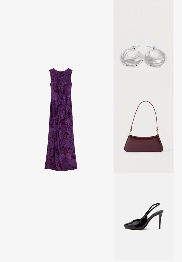 Vestido maxi morado sin mangas con patrones florales oscuros y detalles de tela fruncida, presentado plano sobre un fondo blanco.; Zapato de tacón alto con tira trasera negro brillante, punta puntiaguda y tacón stiletto fino sobre un fondo claro y uniforme.; Bolso brillante de color burdeos oscuro con un asa fina y única y una forma elegante de trapecio sobre un fondo claro y liso.; Un par de pendientes de aro en forma de media luna pulidos en plata, con respaldos de plástico transparente, sobre una superficie blanca.