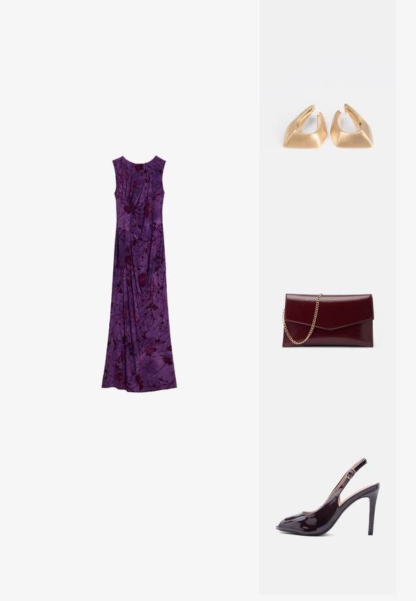 Vestido maxi morado sin mangas con patrones florales oscuros y detalles de tela fruncida, presentado plano sobre un fondo blanco.; Zapato de tacón alto de charol púrpura oscuro con punta afilada y correa ajustable con hebilla.; Bolso de mano de cuero burdeos con un diseño plano y elegante. Cuenta con una correa de cadena dorada y un cierre angular de solapa. Textura suave con un brillo sutil.; Pendientes de metal dorado con un diseño geométrico que presenta formas angulares y un acabado pulido. Destacan por su forma escultórica.