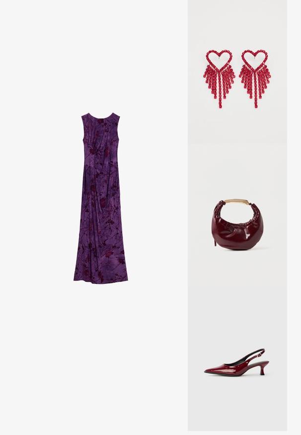Mouwloze paarse maxijurk met donkere bloemenpatronen en geplooide stofdetails, plat uitgestald op een witte achtergrond.; Bordeaux patent leren slingback hakken met een puntige neus en een slanke stilettostonk. Ontwerp met open achterkant en verstelbare enkelriem.; Bordeaux neplederen handtas met een ronde vorm, geplooide details en een handgreep van goudkleurig metaal. Gladde textuur en glanzende afwerking.; Even&Odd by Zalando Oorbellen - red