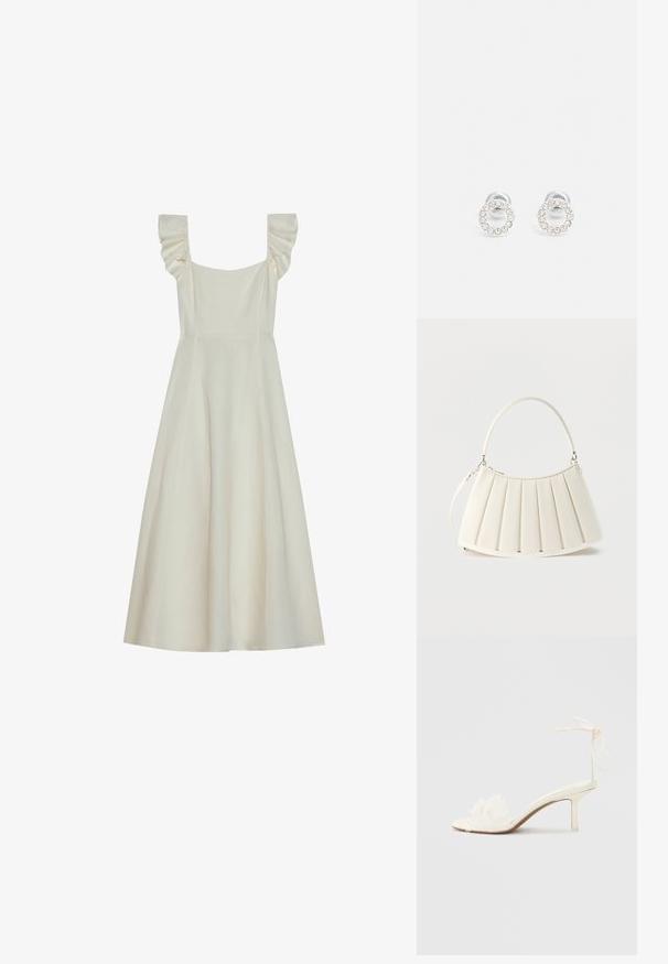 Vestido sin mangas de color crema con escote cuadrado y detalles de volantes en los hombros, que cuenta con un corsé ajustado y una falda acampanada.; Sandalia blanca de tacón alto con lazo en el tobillo y detalle de flor de encaje en la parte frontal sobre un fondo liso y claro.; Bolso blanco con pliegues, asa superior curvada y correa desmontable, con un sutil detalle de logo en relieve en el frente.; Pendientes de plata en forma de círculo, rodeados de brillantes de cristal claros, con un acabado de metal suave.