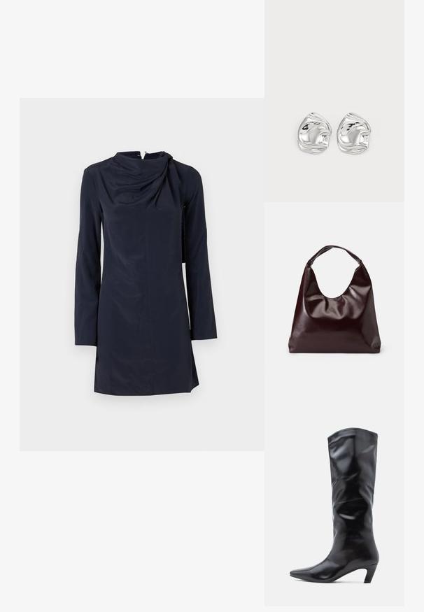 Robe bleu marine à manches longues, avec un col drapé, un design asymétrique et une texture lisse. Fermeture éclair dans le dos, longueur genoux.; Botte noire en cuir montant jusqu'au genou avec un bout pointu et un talon modéré et incliné. Elle présente une texture lisse et brillante avec un design simple.; Sac en cuir vegan bordeaux, brillant, avec une forme douce et sculpturale et une large poignée incurvée pour un transport facile.; Boucles d'oreilles en forme abstraite argentées avec une finition poli, présentant des courbes lisses et des contours subtils. Pas de motifs ou d'accents visibles.