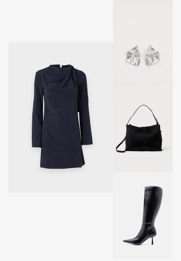 Robe bleu marine à manches longues, avec un col drapé, un design asymétrique et une texture lisse. Fermeture éclair dans le dos, longueur genoux.; Bottes noires à talons aiguilles montantes, avec une finition en cuir brillant, un bout pointu et un talon effilé, présentant une surface lisse et un design élégant.; Sac à bandoulière noir avec une surface lisse et texturée, doté d'une seule sangle et d'une fermeture éclair en haut. Forme rectangulaire compacte.; Boucles d'oreilles en métal argenté avec un design ondulé et sculptural, présentant une finition polie et des formes irrégulières, mettant en valeur une esthétique contemporaine.