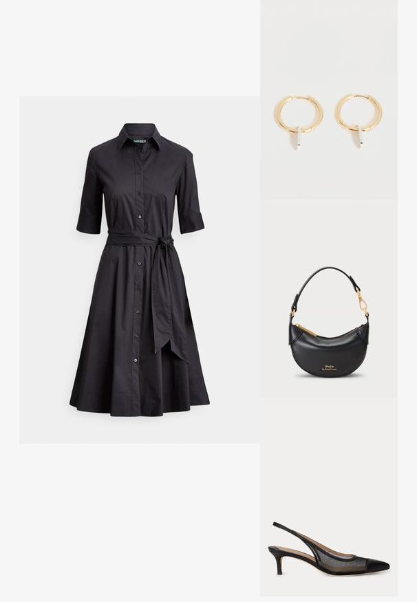 Schwarzes Hemdkleid aus glattem Stoff mit durchgehender Knopfleiste, kurzen Ärmeln, einem gebundenen Taillengürtel und einem ausgestellten Rock.; Schwarzer Slingback-Kitten-Heel-Schuh mit spitzer Zehenpartie und transparenten Mesh-Seiten, beigem Innenfutter und dünnem Riemen hinten.; Goldene Creolen mit kleinen vertikalen silbernen rechteckigen Anhängern, dargestellt auf weißem Hintergrund.; Schwarze Lederhandtasche mit geschwungener Silhouette, Metallreißverschluss und kurzem Griff. Ausgestattet mit goldenem Metall und geprägtem Logo auf der Vorderseite.