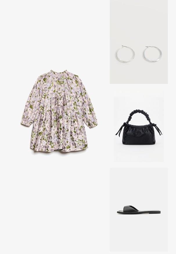 Vestido de bebé de manga larga con escote fruncido y patrón floral en rosa, gris y verde sobre fondo blanco.; Las chanclas negras cuentan con un material sintético suave, diseño de punta abierta y una suela plana con una tira de acento mínima en el costado.; Bolso negro con textura de cocodrilo, borde superior fruncido, asa recogida y cordones con borlas en cada lado sobre un fondo blanco.; Pendientes de aro de metal plateado con superficie lisa y ligeramente curvada y cierre de tipo mosquetón sobre un fondo blanco liso.
