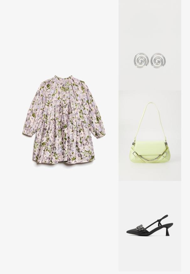 Vestido de bebé de manga larga con escote fruncido y patrón floral en rosa, gris y verde sobre fondo blanco.; Simmi London DALA - Tacones - black; Bolso de mano sintético verde lima con textura suave, correa de cadena desmontable y hebillas decorativas; forma rectangular con lados cónicos.; Par de pendientes de aro espiral plateados con diseño liso y redondeado sobre un fondo blanco liso.