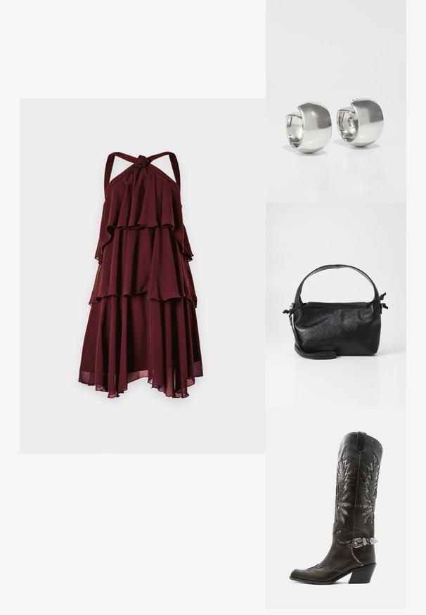 Robe bourgogne à volants, à couches, avec décolleté halter et bretelles nouées. Fabriquée en tissu léger, avec des accents transparents à l'ourlet.; Botte de cowboy en cuir noir avec découpes décoratives, boucle argentée et talon incliné, présentée sur fond blanc.; Sac à main en cuir noir au design structuré, avec une poignée arrondie et une bandoulière amovible. Présente une texture lisse et un éclat subtil.; Uncommon Matters SCULPTURAL LARGE CREOLE - Boucles d'oreilles - silver-coloured